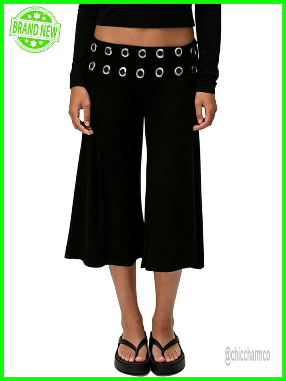 Fold Over Flowy Gaucho Capri Pants Wide Leg Low Rise Yoga Cropped Leggings